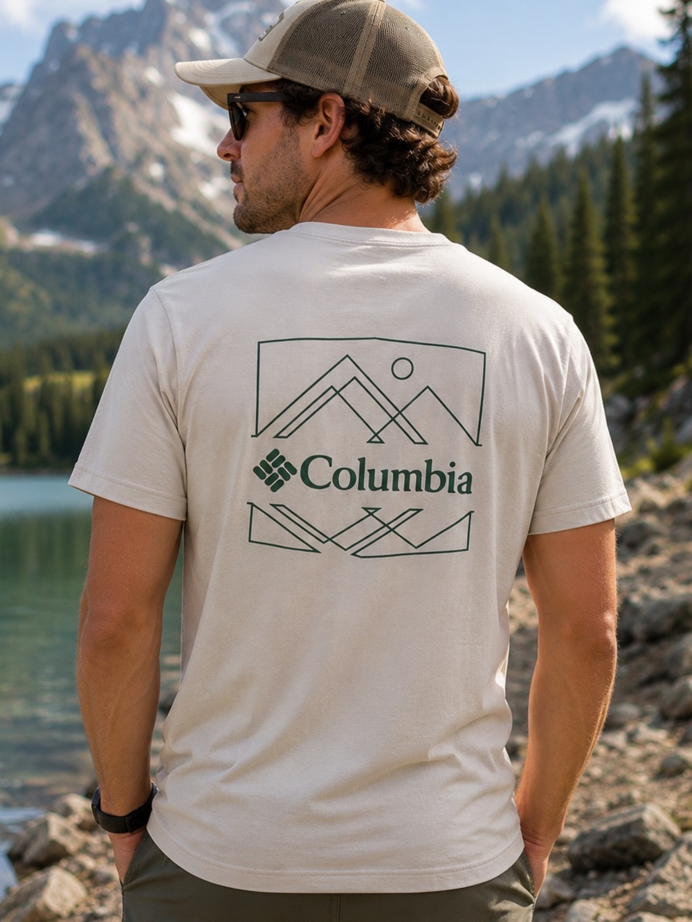 Columbia Omni-Wick Omni-Shade UPF 50 Graphic T-Shirt Mens Large Beige Green NEW